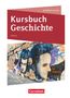 „Kursbuch Geschichte“ und „Qualifikationsphase“ oben auf rotem Hintergrund. Wandgemälde mit zwei nachdenklichen Gesichtern., Buch