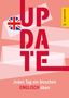 "UP DATE", "Jeden Tag ein bisschen ENGLISCH üben". Rot-weißes Design, britische Flagge, Langenscheidt-Logo., Buch