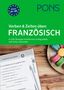Grüner Hintergrund mit "FRANZÖSISCH" in Weiß. Links Buchseite, rechts Teller mit bunten Macarons., Buch