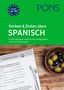 PONS Spanisch Buchcover, grüner Hintergrund, Texte zu Sprachübungen, darunter Olivenschale und geöffnete Buchseite., Buch