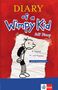 „DIARY of a Wimpy Kid“ von Jeff Kinney, Illustration: Junge mit Rucksack auf rotem Hintergrund. Klett-Logo unten., Buch