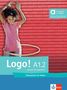 Text: "Alles Digitale auf allango! Inklusive Lizenzschlüssel. Logo! A1.2 Deutsch für Jugendliche. Übungsbuch mit Audios." 

Ein fröhliches Kind mit Hula-Hoop vor einer roten Ziegelwand., 1 Buch und 1 Diverse