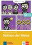„Literatur-COMIC DaF“, „Alles Digitale auf allango!“, „Gotthold Ephraim Lessing Nathan der Weise“, „Deutsch als Fremdsprache“. Oben sind drei Figuren in religiöser Kleidung. Unten eine Figur mit Glühbirne und drei Ringe.