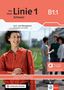 „Die neue Linie 1 Schweiz B1.1“, Kurs- und Übungsbuch. Eine lächelnde Frau im roten Hemd im Vordergrund., 1 Buch und 1 Diverse