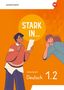 "Stark in... Arbeitsheft Deutsch 1.2." Zwei Personen, eine hält ein Blatt, die andere hört zu; orangefarbener Hintergrund., Buch