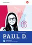 Text: "P.A.U.L. D." und "Arbeit mit interaktiven Übungen". Illustration: Mädchen mit Brille, Papierflieger, Zahl 6, Stifte.