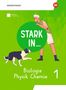 "STARK IN... Biologie Physik Chemie 1" zeigt ein fröhliches Cartoon mit einem Hund und einer Person auf grünem Hintergrund., Buch