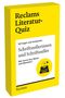 "Reclams Literatur-Quiz" auf gelbem Hintergrund, behandelt Schriftsteller. Illustration mit einer Schreibmaschine und Fragezeichen., Buch