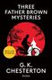 "THREE FATHER BROWN MYSTERIES" in Weiß auf Schwarz, mit einem roten Kreis. Silhouette eines Radfahrers vor einer Kirche., Buch