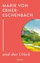 „MARIE VON EBNER-ESCHENBACH und das Glück“, Reclam. Roter Hintergrund, farbige Landschaftsaquarell-Illustration., Buch