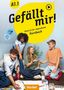 Text: "A1.1 Gefällt mir! Deutsch für Jugendliche Kursbuch". Vier Jugendliche zeichnen und lachen. Logo von Hueber., 1 Buch und 1 Diverse