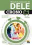 „Manual de preparación del DELE CRONO C1“ steht groß oben. Darunter eine Stoppuhr und lächelnde Studenten., 1 Buch und 1 Diverse