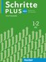 "Schritte PLUS NEU, Deutsch als Zweitsprache, TESTTRAINER, 1+2 A1, Hueber." Grüner Hintergrund mit Pfeilmuster., Buch