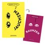 Die Illustration zeigt zwei bunte Cover mit Texten "Jauchzen" und "Raunzen", verziert mit stilisierten Augen., Buch