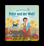 "Peter und der Wolf", ein Junge sitzt auf einer Mauer, daneben ein Wolf und eine Katze in einem blumigen Garten., Buch