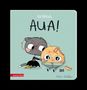 „Ket & Keks AUA!“: Eine Illustration zeigt eine besorgte Katze mit Brille, die einen weinenden Keks mit Pflaster tröstet., Buch