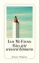 Ian McEwan: Was wir wissen können. Roman - Diogenes. Illustration: Person sitzt auf weißem Sockel vor blauem Himmel., Buch