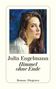 „Julia Engelmann“, „Himmel ohne Ende“, „Roman Diogenes“. Gemälde einer Frau mit dunklem Haar vor blauem Hintergrund., Buch