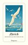 „Zürich – Geschichten aus einer Stadt am See“. Diogenes. Eine Möwe fliegt über einen See, Hintergrund mit Bergen., Buch