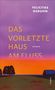 "Das vorletzte Haus am Fluss" von Felicitas Geduhn, Roman. Illustration: Farbverlauf von Lila zu Orange, Baumreihe, Haus., Buch