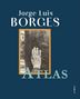 Jorge Luis Borges' "Atlas". Hand auf eine mit Schriftzeichen versehene Säule. Blauer Hintergrund., Buch