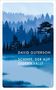 DAVID GUTERSON, SCHNEE, DER AUF ZEDERN FÄLLT. Illustration von nebligem Wald mit Zedernbäumen in Blautönen.