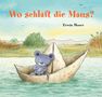 „Wo schläft die Maus?“ Erwin Moser. Eine Maus schläft in einem Papierschiff auf einem Fluss. Illustration.