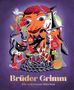 "Brüder Grimm: Die schönsten Märchen." Bunte Märchenfiguren, darunter ein Riese, Hexe, Esel und Frösche auf violettem Hintergrund., Buch