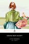 Text: "PENGUIN KLASSIKER. LOUISA MAY ALCOTT. LITTLE WOMEN TEIL 1 UND 2."  
Illustration: Frau von hinten, Korb mit Blumen., Buch