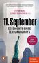Texte: „11. September“, „Geschichte eines Terrorangriffs“, Autoren: Stefan Aust, Cordt Schnibben. Freiheitsstatue vor Türmen., Buch
