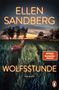 Text: „ELLEN SANDBERG“, „WOLFSSTUNDE“, „ROMAN“. Ein Reh steht auf einem Feld, im Hintergrund ein Sonnenuntergang und Gebäude., Buch