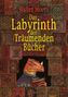 „Das Labyrinth der Träumenden Bücher“: Ein orangefarbenes Echsenwesen mit Buch, umgeben von komplexen Mustern.