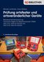 Buchtitel: "Prüfung ortsfester und ortsveränderlicher Geräte". Unten technische Prüfgeräte auf einem Tisch.