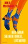 Titel: "NINA MCCONIGLEY" und "WIE MAN SEINEN ONKEL LOSWIRD". Illustration von blau-orangen Schuhen auf gelbem Hintergrund., Buch