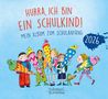 "Hurra, ich bin ein Schulkind! Mein Album zum Schulanfang 2026." Illustration von sechs Kindern mit bunten Schultüten.