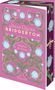 "JULIA QUINN BRIDGERTON", "Daphne & Simon", "HarperCollins". Rosa Buchcover mit blauen Blumen und einem Bienenmotiv., Buch