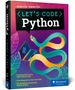 "Let's Code Python" auf schwarzem Feld, darunter bunte Python-Schlange und Laptop. Autoren: Hauke Fehr, Stephan Elter., Buch