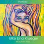 Portfolio. Elke Lina Krueger. MODERN ART. Eine farbenfrohe Illustration eines Gesichts mit bunten Haaren und großen Augen., Buch