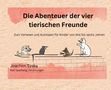 „Die Abenteuer der vier tierischen Freunde. Zum Vorlesen und Ausmalen für Kinder von drei bis sechs Jahren.“ Illustration: Ein Hund, eine Ratte und zwei Katzen auf einer Mauer., Buch