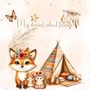 "My dearest school friends." Illustration: Ein Fuchs und andere Tiere vor einem bunten, gemusterten Tipi., Buch