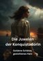 Die Texte lauten: "Die Juwelen der Konquistadorin" und "Goldene Schätze, gestohlenes Herz." Eine Frau schaut aufs Meer., Buch