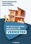 "DIE WICHTIGSTEN BEGRIFFE FÜR VERMIETER" in weißem Text auf blauem Hintergrund. Illustrierte, moderne Wohnung., Buch
