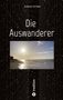 "Die Auswanderer" von Robert Peters. Strandbild unter Sonnenuntergang, umgeben von einem sternenförmigen Muster., Buch