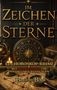 „Im Zeichen der Sterne. Ein Horoskop-Krimi. Mit rotem Faden und spektakulären Wendungen. Brigitte Bork.“ 
Goldene astrologische Symbole, Kerze, Lupe und Globus., Buch
