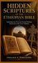 „Hidden Scriptures of the Ethiopian Bible“. Ein offenes Buch mit einer religiösen Illustration und ein dekoratives Kreuz., Buch
