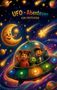„UFO-Abenteuer für Erstleser“. Zwei Kinder und ein Alien im UFO, fröhlicher Mond im Weltraum mit Planeten und Sternen., Buch