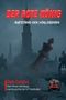 "Der rote König: Aufstand der Verlorenen" in roten und weißen Buchstaben, dunkle Silhouette der Stadt, liegende Schachfigur., Buch