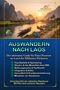 "AUSWANDERN NACH LAOS. Unvorbereitet ein riskantes Abenteuer. Mit Plan dein sicherer Neustart."  
Reiseführer mit Fluss und Booten im Hintergrund., Buch
