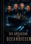 „Die Rückkehr des Ozeanriesen“; darunter „Die Tiefsee. Das Wrack. Das Abenteuer.“; Illustrierte Titanic bei Sturm mit vier Männern., Buch