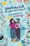 „Umtausch ausgeschlossen!? Familienchaos mit Gina & Charly“ von Ilona Einwohlt. Zwei Mädchen umarmen sich. Bunte, verspielte Zeichnungen umgeben sie., Buch